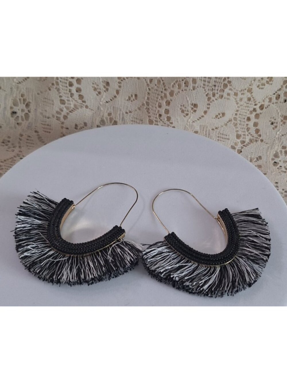 SUGARFIX by BaubleBar Black Gold Fringe Hoop Earrings – Beaded Tassel Statement - Picture 6 of 11